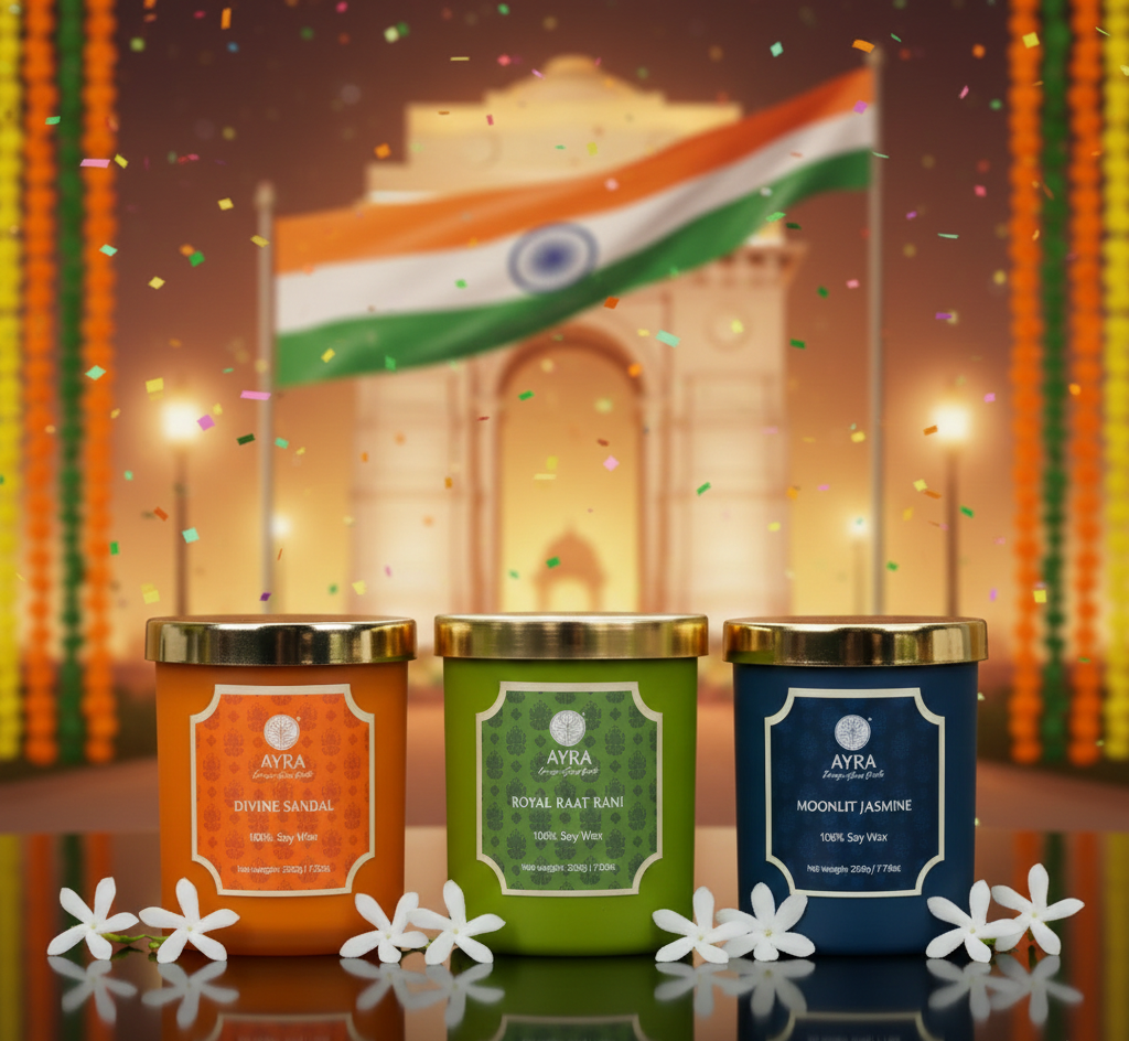 Republic Day Candle | Royal Raat Rani/Moonlit Jasmine/Divine Sandal | Set of 3 Big Glass