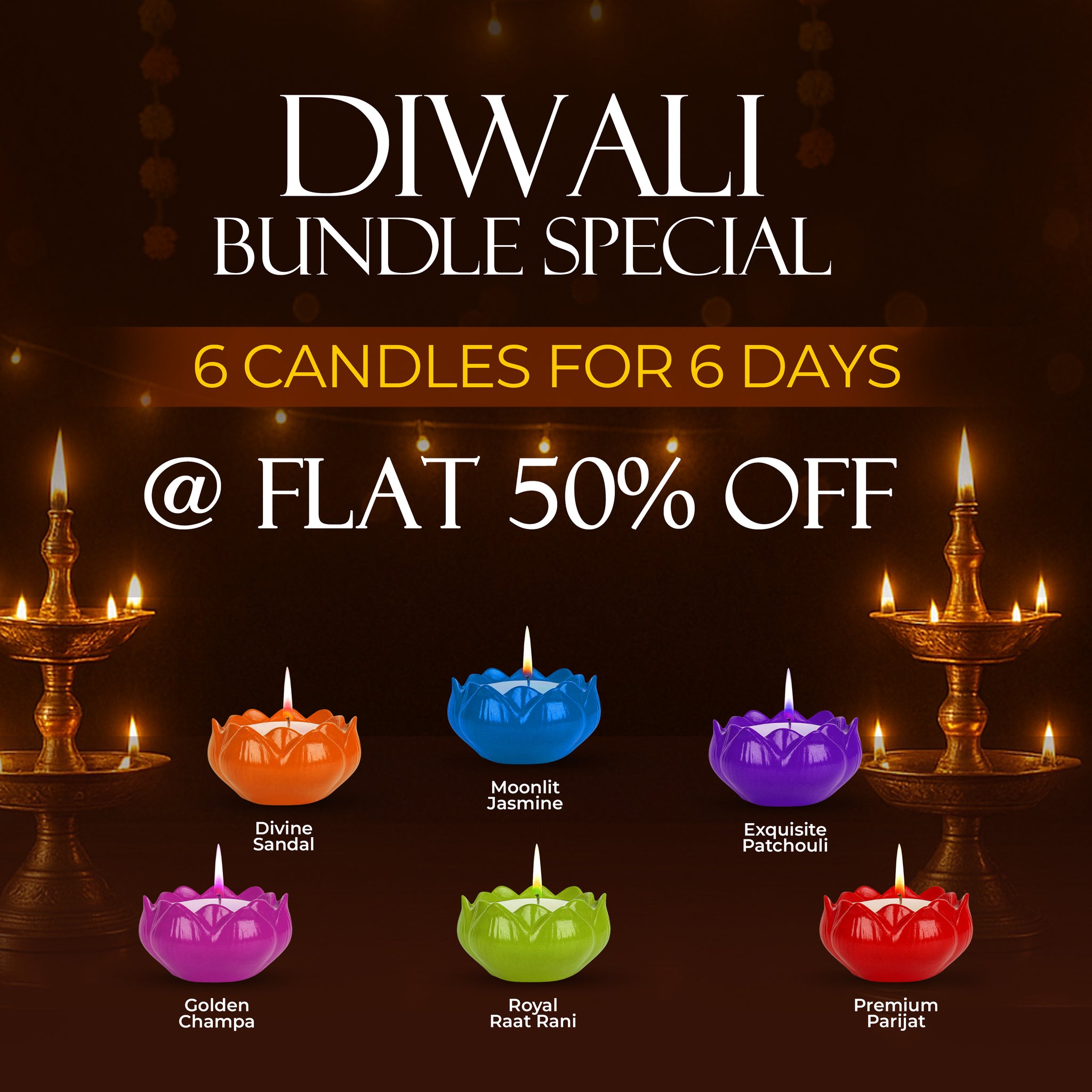 Candle | Set of 6 Lotus | 6 Days of Diwali